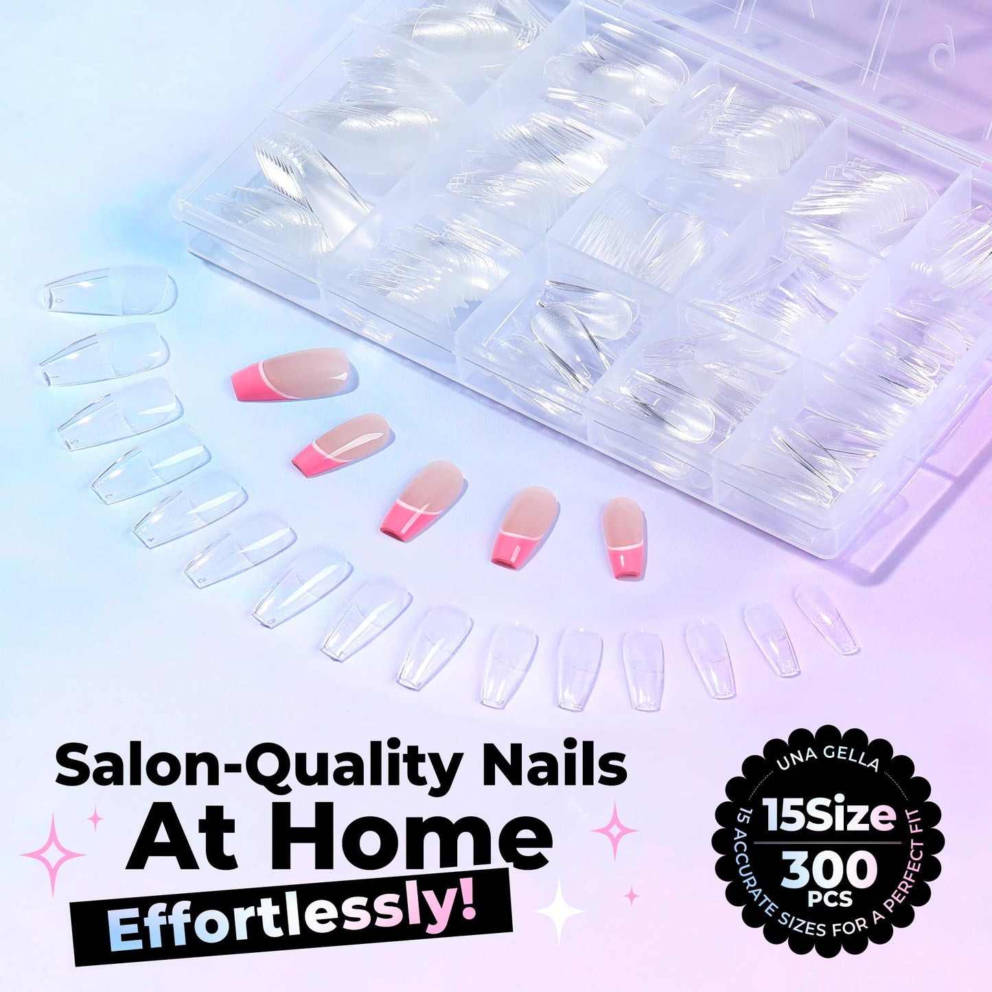UNA GELLA Coffin Gel Nail Tips Medium 15 Sizes 300PCS Pre-Etched Clear Fake Nail Tips Easy DIY Salon Medium Coffin Press On Nails Snug Fit Full False Acrylic Tips Extensions Long-Lasting Hold