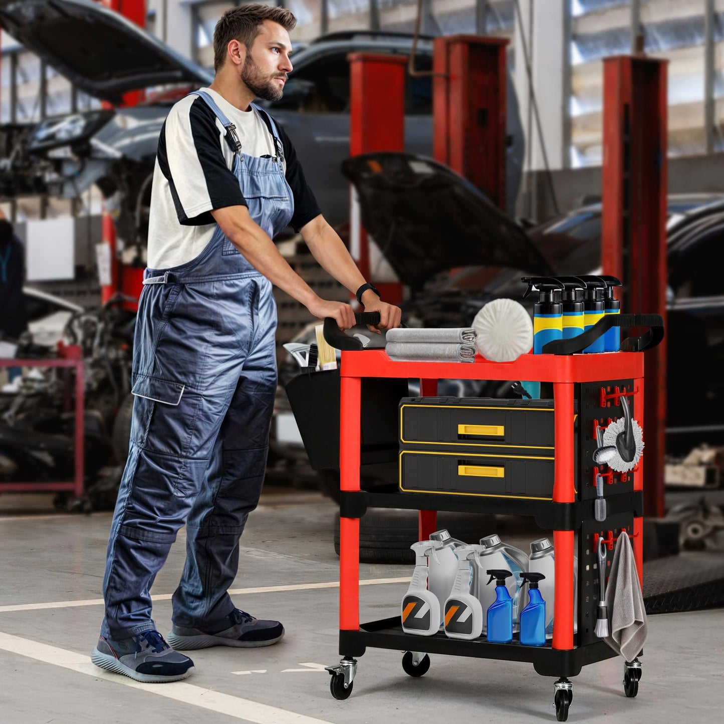 YITAHOME Auto Detailing Cart with Wheels, 3 Tier Rolling Detail Cart with 2 Polisher Brackets, Car Wash Organizer Cart with 2 Hanging Plate & Hooks & Hanging Bucket for Garage, Workshop, Repair Shop