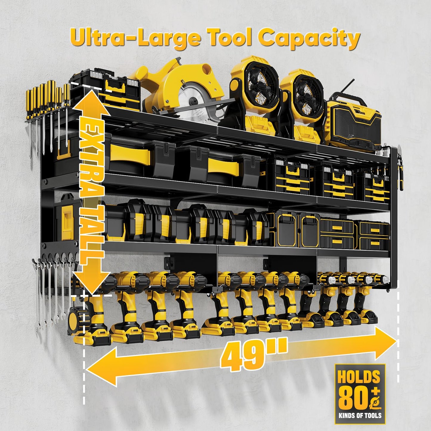 POKIPO 49" W Large Power Tool Organizer Wall Mount, 4 Layer Heavy Duty Loads 800 lbs, Tool Storage Rack Holds 12 Cordless Drills, Large Capacity Battery Holder for Garage, Gift for Men