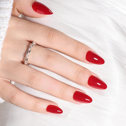 Leefrei Red Press On Nails Short Almond - Deep Red Fake Nails Press ons, Reusable Glue On Nails for Women, 16 Sizes 32 Pieces Nail Kit with Glue, Wine Red