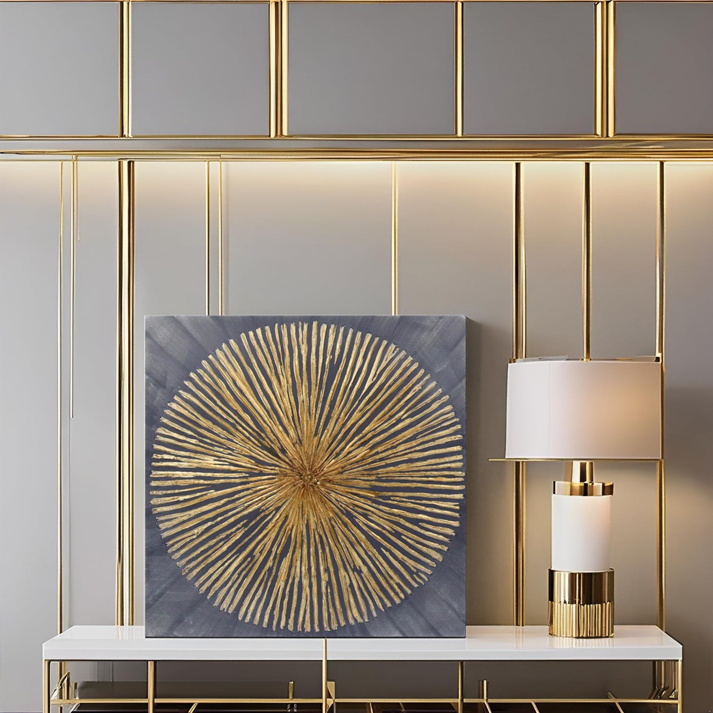 7Fisionart Modern Metal Sunburst Wall Art Gold & Grey Abstract Wall Decor Ready to Hang Radiant Framed Artwork for Living Room Bedroom Office 24x24 Inch