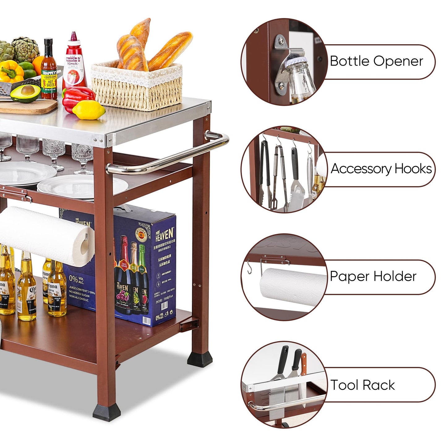 Feasto 3-Shelf Outdoor Grill Table, Pizza Oven Table for Outside, Movable Grill Cart with Wheels, Indoor & Outdoor Cooking Station, Pizza Oven Stand for Ooni Blackstone Griddle 33.5”x 21.7”