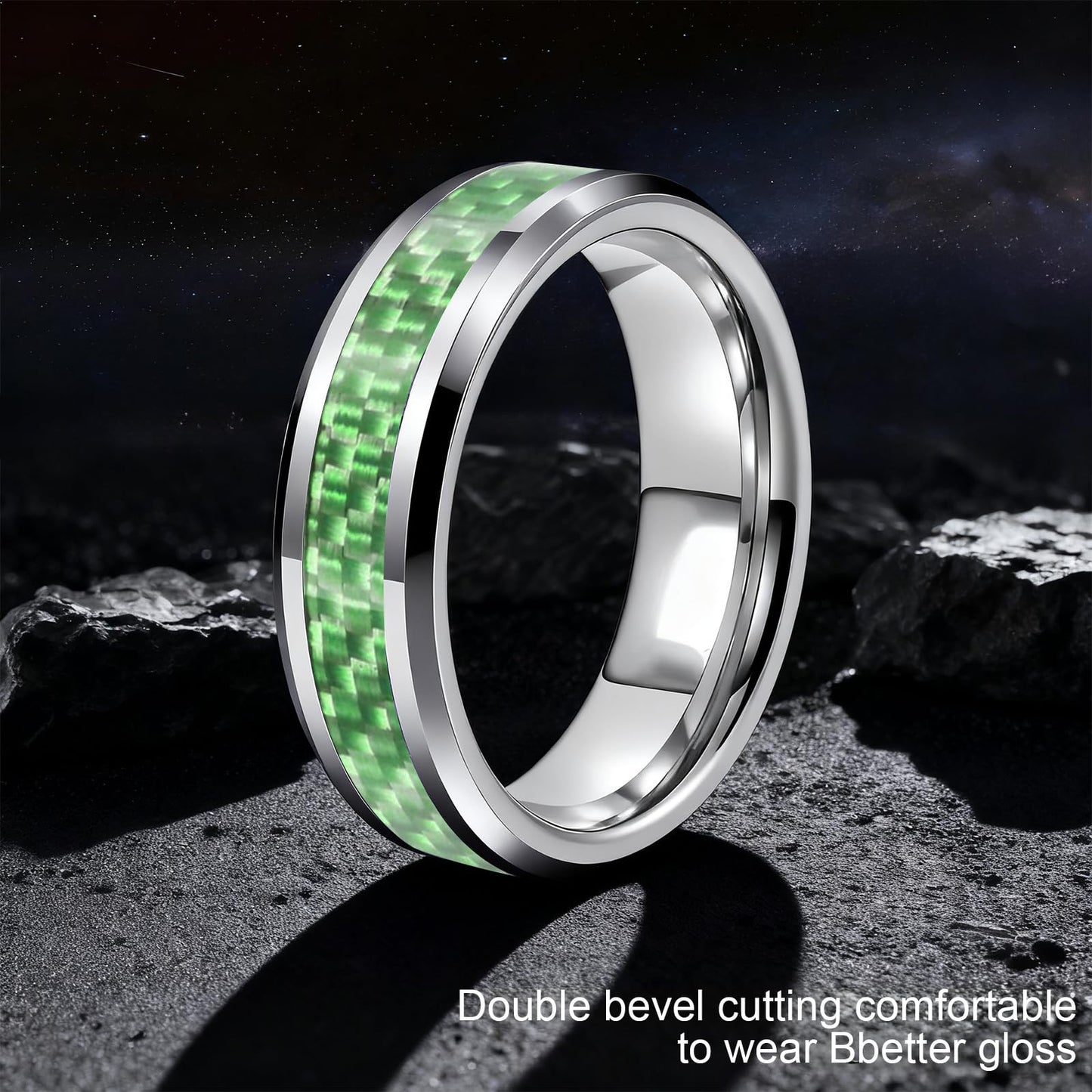 HJIMMNHONG New Carbon Fiber Fashion Rings Double Beveled Edge Delicate Polished Simple Stainless Steel Mens and Women Rings,8mm,Green,Size 8