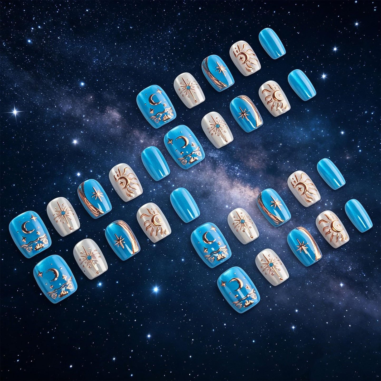 3D Moon Star Press on Nails with Celestial Design Glossy Gold Fake Nail Sparkly Blue Short Square False Nails Starry Sky Glue on Artificial Fingernails Summer Stick on Nail for Women Daily Wear