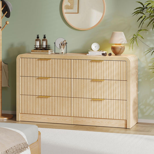 Decofy Fluted Drawers Dresser for Bedroom, Wood Dressers with Gold Handles, Modern Dressers with Wave Texture, Large Storage Chest of Drawers, Bedroom Dresser Organizer 55'' & 6 Drawers (Natural Oak)