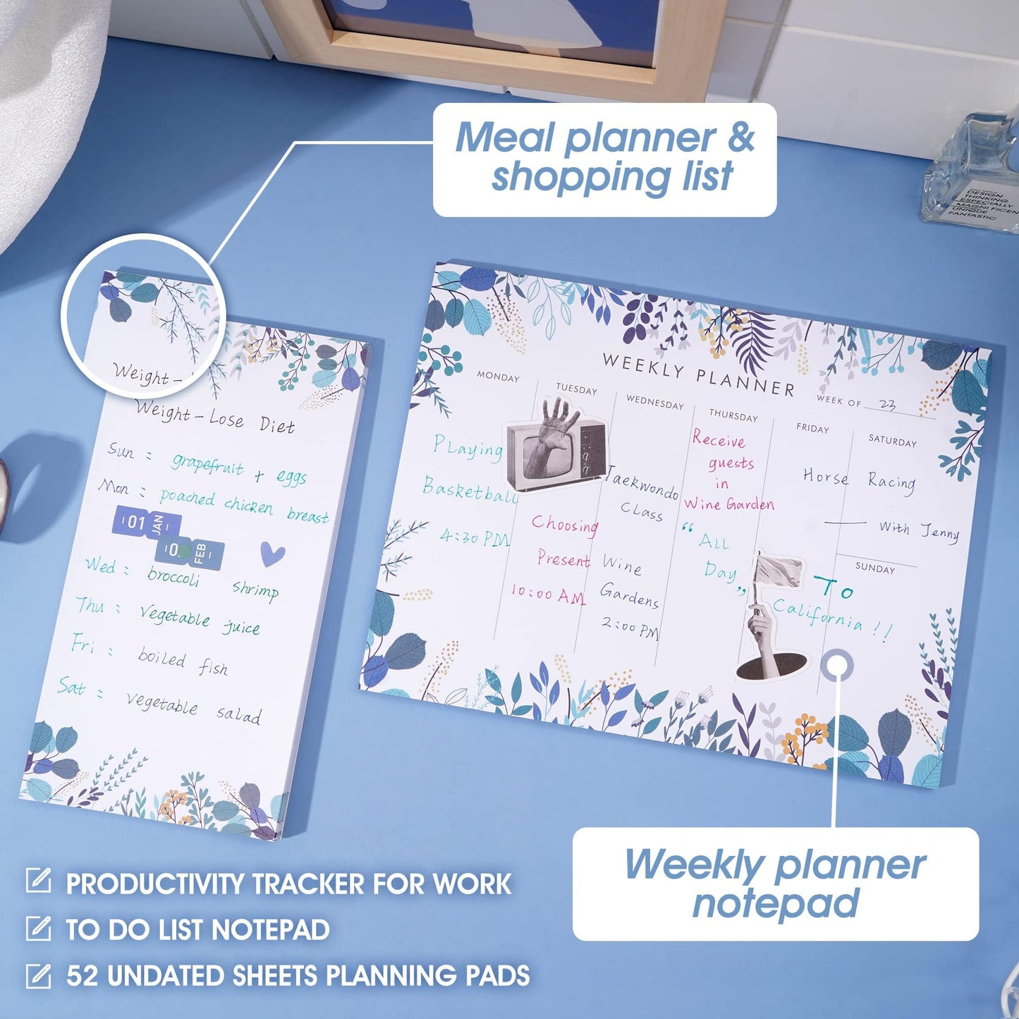 Weekly Planner Notepad Tear Off Set of 2 Weekly Calendar Pad 52 Undated To Do List Notepad Sheets Desk Planner Planning Pads Productivity Tracker for Work Goals Notes Schedule Ideas, Floral Blue