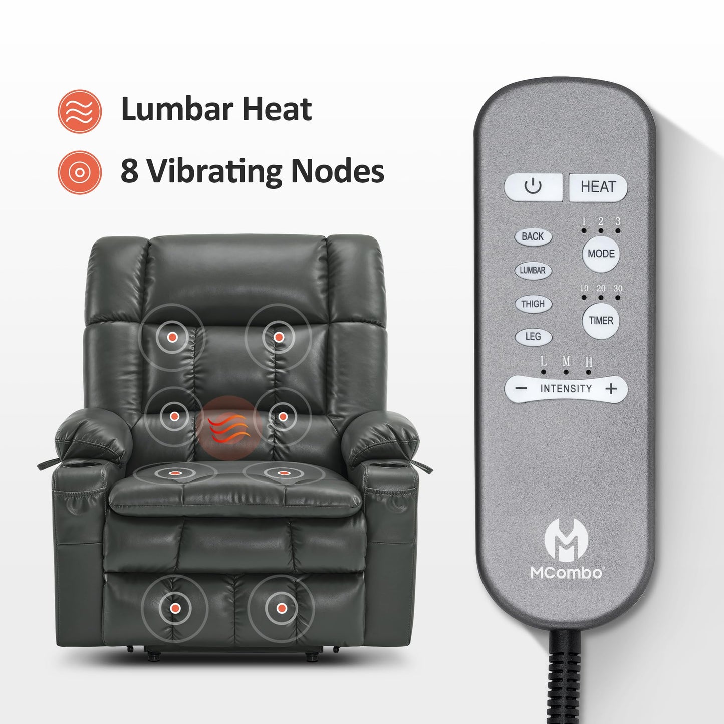 MCombo Dual Motor Power Lift Recliner Chair for Elderly, Lay Flat Lift Chair with Heat and Massage, Oversized Lift Recliner for Big and Tall, Faux Leather R7891 (Grey, Oversized)