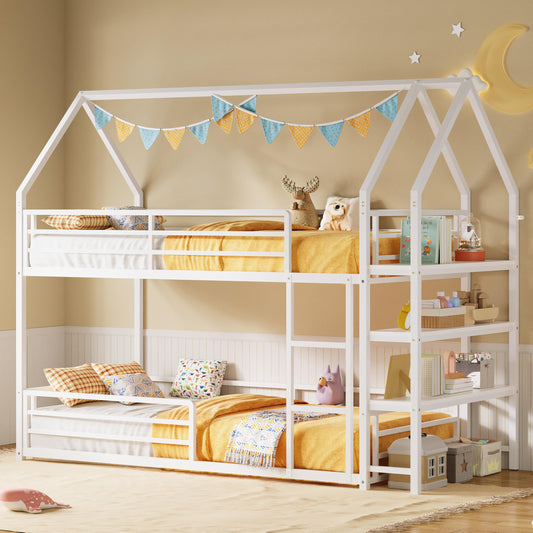 LIKIMIO Bunk Bed Twin Over Twin, Twin Bunk Beds Frame with 3-Tier Storage Bookshelf, Metal Twin House Bed Ladder and Safety Guardrail, Space Saving for Apartment or Dorm, No Box Spring Needed, White
