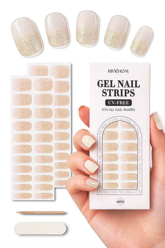 Gel Nail Strips 44Pcs, No UV/LED Lamps Needed, Pre-Cured Nail Stickers for Women Salon Quality, Polish Wraps Long Lasting, Easy Apply & Remove (Gold Pink)