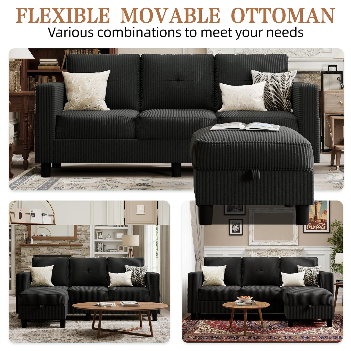 Shintenchi Modern Upholstered Sectional Sofa, L-Shaped Couch with Storage Ottoman and Reversible Chaise for Living Room, Black Corduroy Fabric