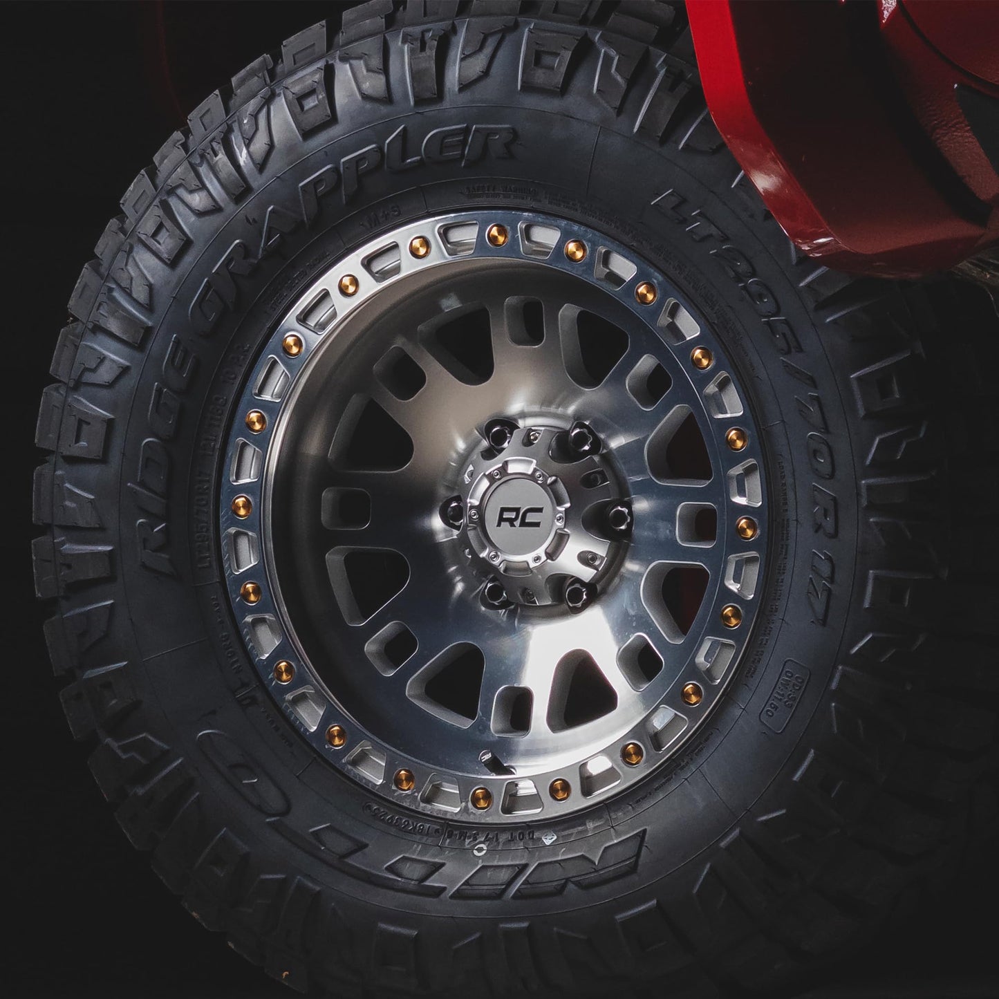 Rough Country 82 Series Off-Road Wheel - 15x8, 5x4.5" Bolt Pattern, 19mm Offset, Full Machined Aluminum with 8-Spoke Design & Simulated Beadlock Gold Hardware