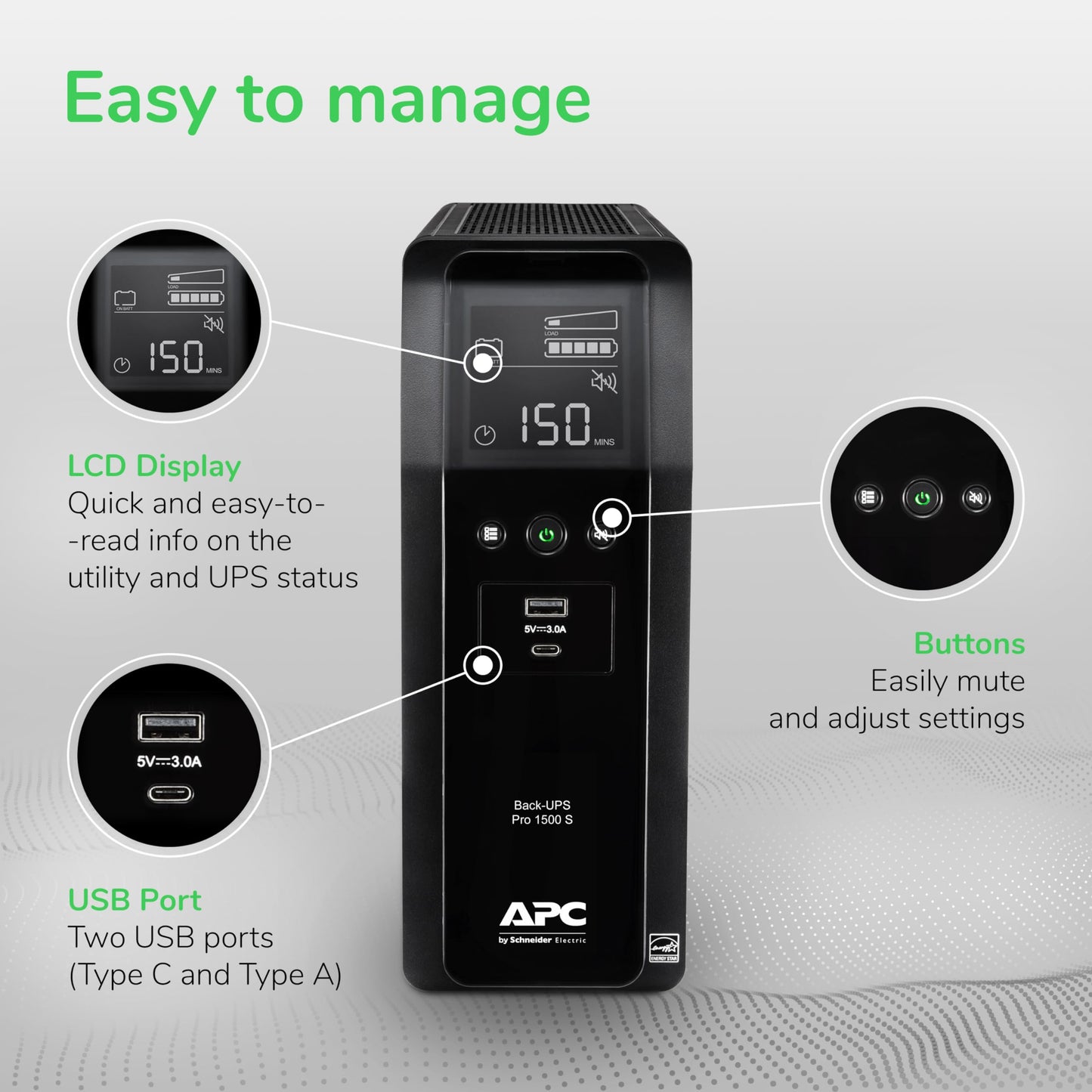 APC UPS Back-UPS Pro 1500VA Sinewave UPS, 900W Battery Backup & Surge Protector, AVR, 10 Outlets, LCD, USB-C & USB-A Charging Ports, BR1500MS2 Uninterruptible Power Supply for Computers, Electronics