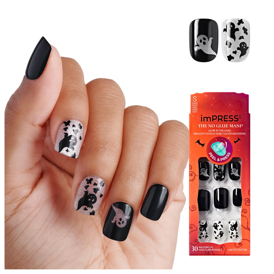 KISS imPRESS Halloween Press On Nails, ‘Coming Near’, Black, Short Squoval, Magnetic Powder Effect, No Glue, Glow-In-The-Dark, Includes Prep Pad, Mini Nail File, Manicure Stick & 30 Fake Nails