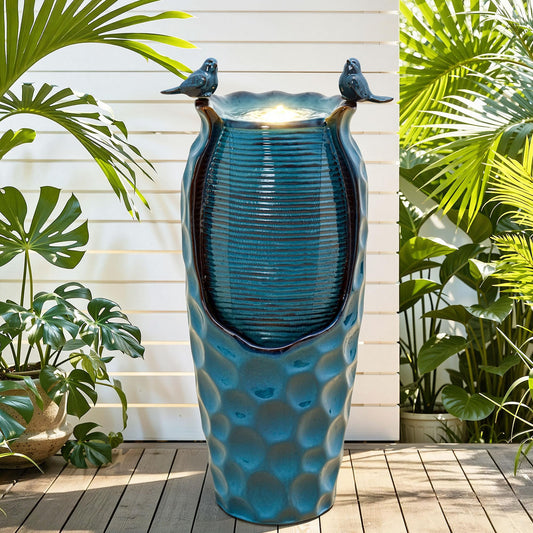 Autodaya 32.5" H Ceramic Jar Outdoor Fountain, Honeycomb Pot Water Feature with LED Lights, Soothing Trickling Waterfall for Garden, Patio, Yard, Balcony Oasis, KD Vivid Birds, Turquoise Glaze