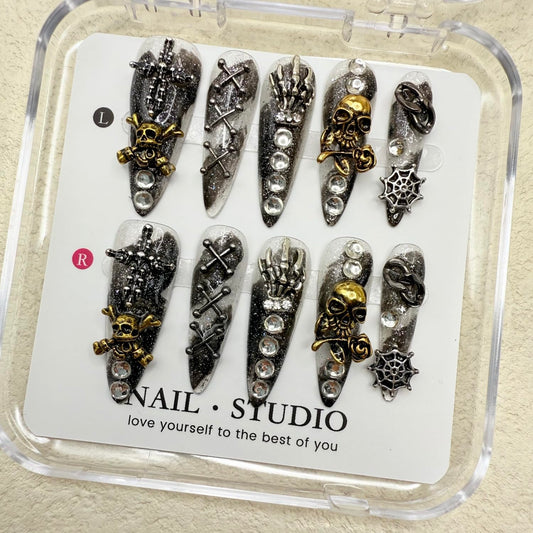 Halloween Press on Nails Handmade Press on Nails Long Almond Fake Nail Skeleton False Nail with Spider Web and Rhinestones Designs Full Cover Glue on Nails Glossy Halloween for Women (Size M)