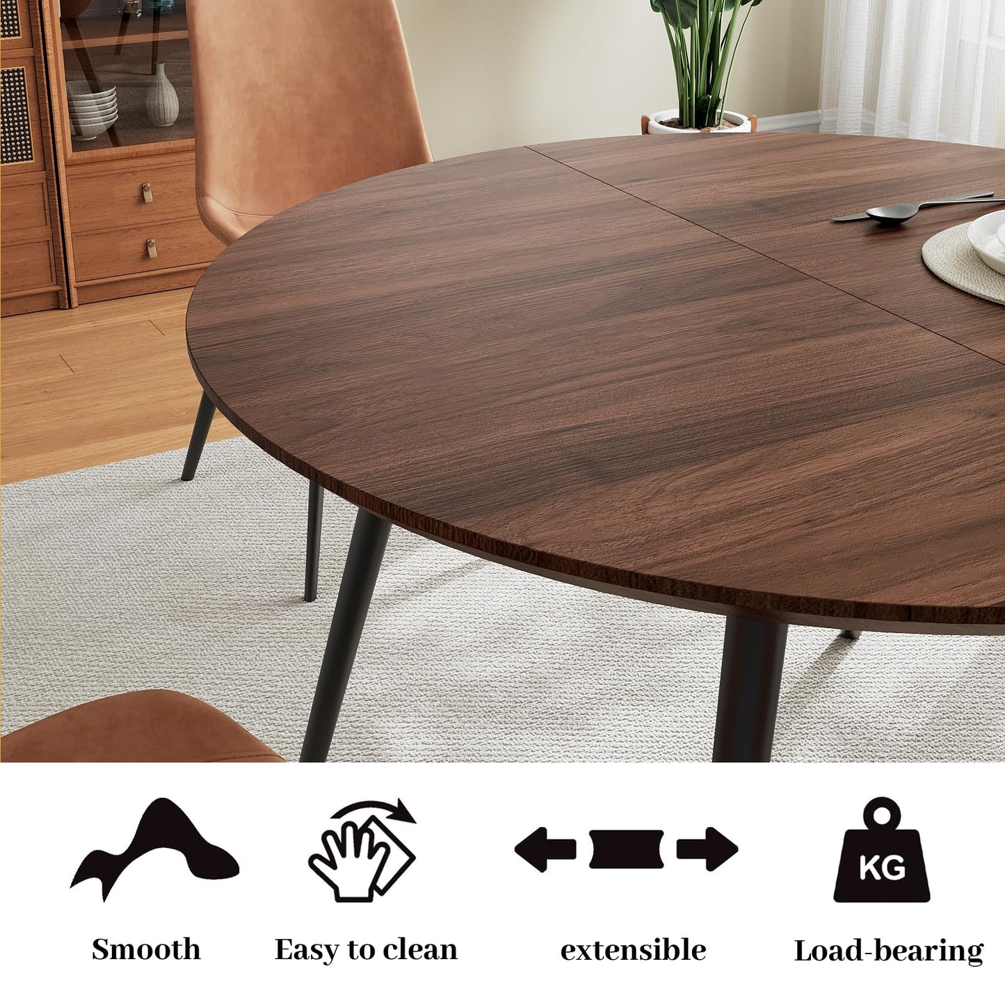 HIPIHOM 43.3"-59.1" Extendable Round Dining Table Set for 6, Mid Century Modern Wooden Round Table, Leisure Coffee Table,w/ 6 PU Leather Chairs