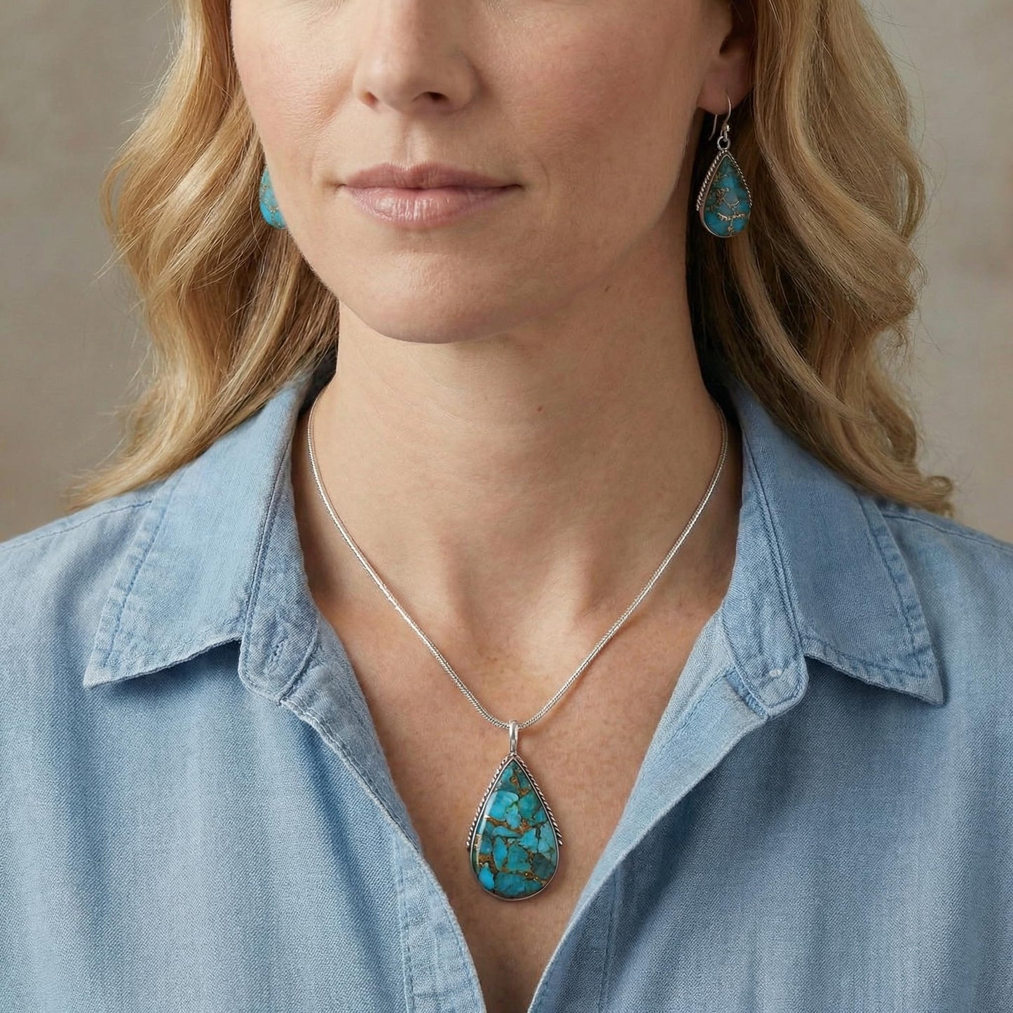 Turquoise Necklace Pendant & Earrings Set Genuine Gemstones 20" Necklace (Teal/Matrix Turquoise)