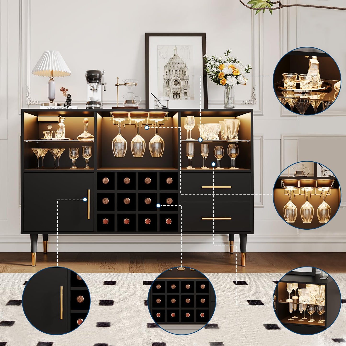 GarveeHome 47 in Bar Cabinet with LED Lights & Charging Station, Modern Sideboard Buffet Cabinet with Storage Drawers, Wine Rack & Doors, Coffee Bar Table for Living Room, Dining Room, Home- Black