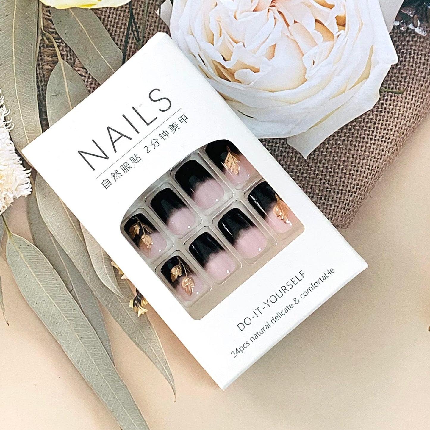 FIEONCIY Press on Nails Square Short Length Glossy Full Cover Acrylic Short Square Shaped False Nails with French Designs Artificial Fake Nails Glue Stick ons Fingernails for Women Girls(W2447)