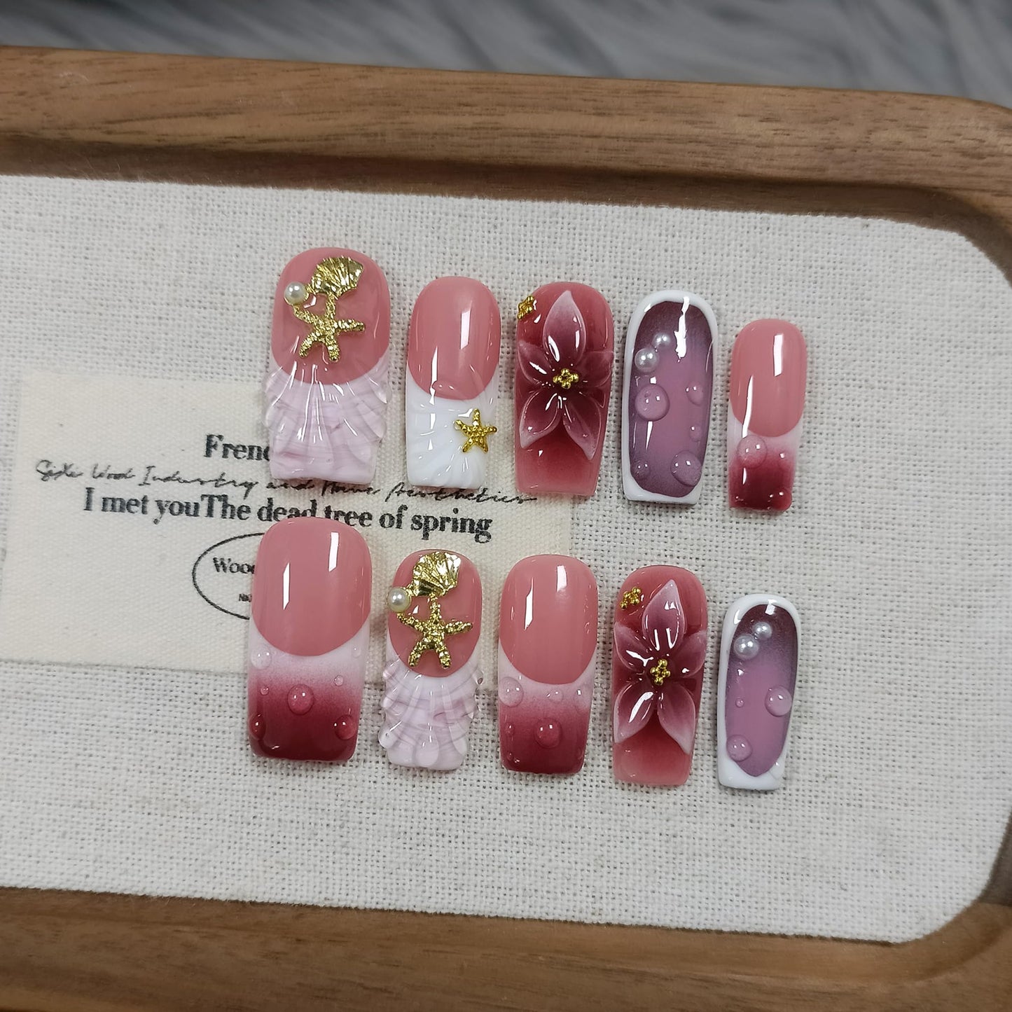 TENPAL Handmade Press on Nails Medium Coffin-Nude Pink Wine Ombre Fake Nails with 3D Teardrop Metal & Ocean Floral Design,Blushing Acrylic Glossy False Nails with Crystal Y2K Style For Women Girls(S)