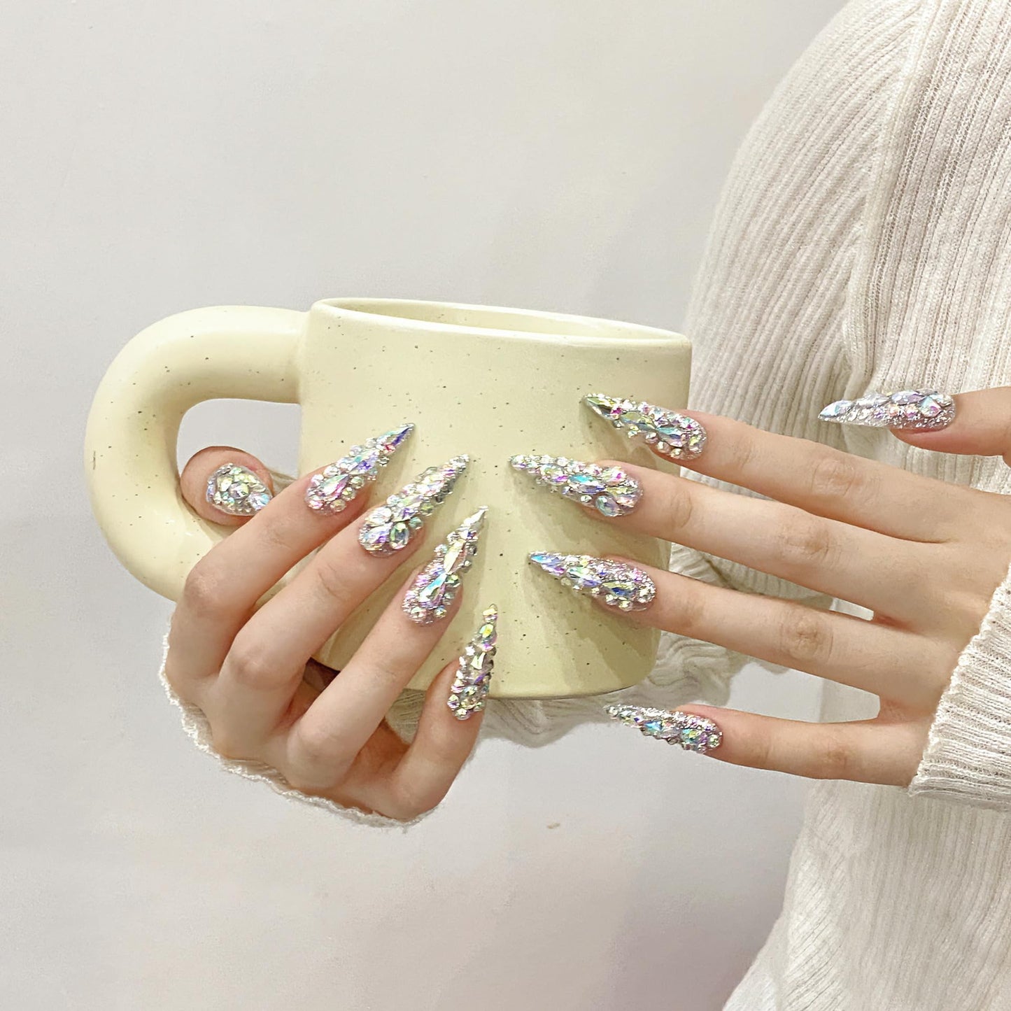 NLSJMP 3D Handmade Long Stiletto Press on Nails Almond Acrylic Fake Nails Kit,Rhinestone Luxury glitter Design Nail Art Kit,Reusable False nails,Include Toolkit,10Pcs,Size S,#986