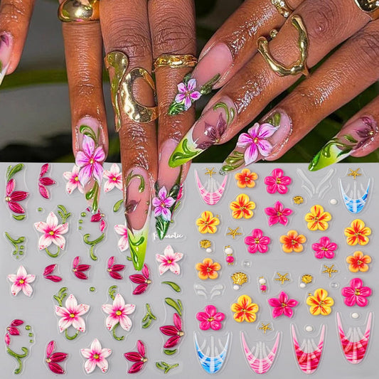 CJDLTS 2 Sheets 5D Flower Nail Art Stickers 5D Relief Self -Adhesive Green Vines with Gradient Flowers Nail Decals Holographic Ripple French Nails Stickers for Women Acrylic Nails Decoration Supplies
