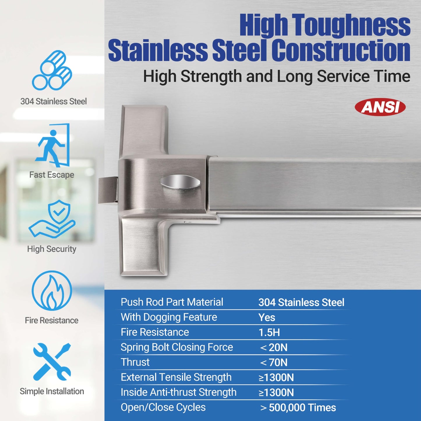 304 Stainless Steel Panic Bars for Emergency Exit Doors with Alarms - 25.5” Commercial Door Push Bar Panic Exit Device with Exterior Lever Handle, Panic Door Hardware for 26”-41”Wooden/Metal Doors