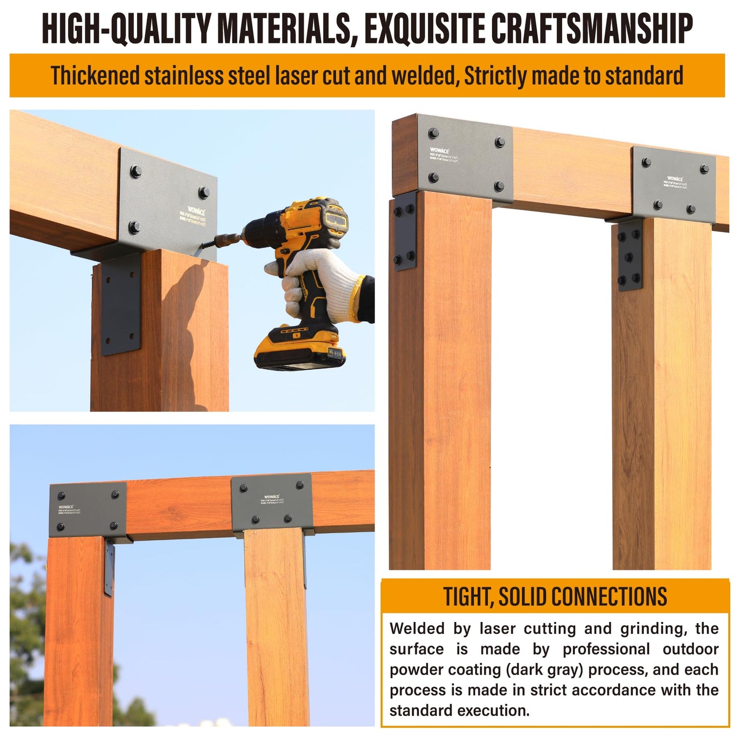 WOWACE 2 Pack 4x6 (Actual 3.5"x5.5") Heavy Duty Stainless Steel Pergola Brackets - End Post to Beam Connector for Gazebos, Patio Decks, Porches - Wood Post Cap Tie Bracket (Dark Gray)