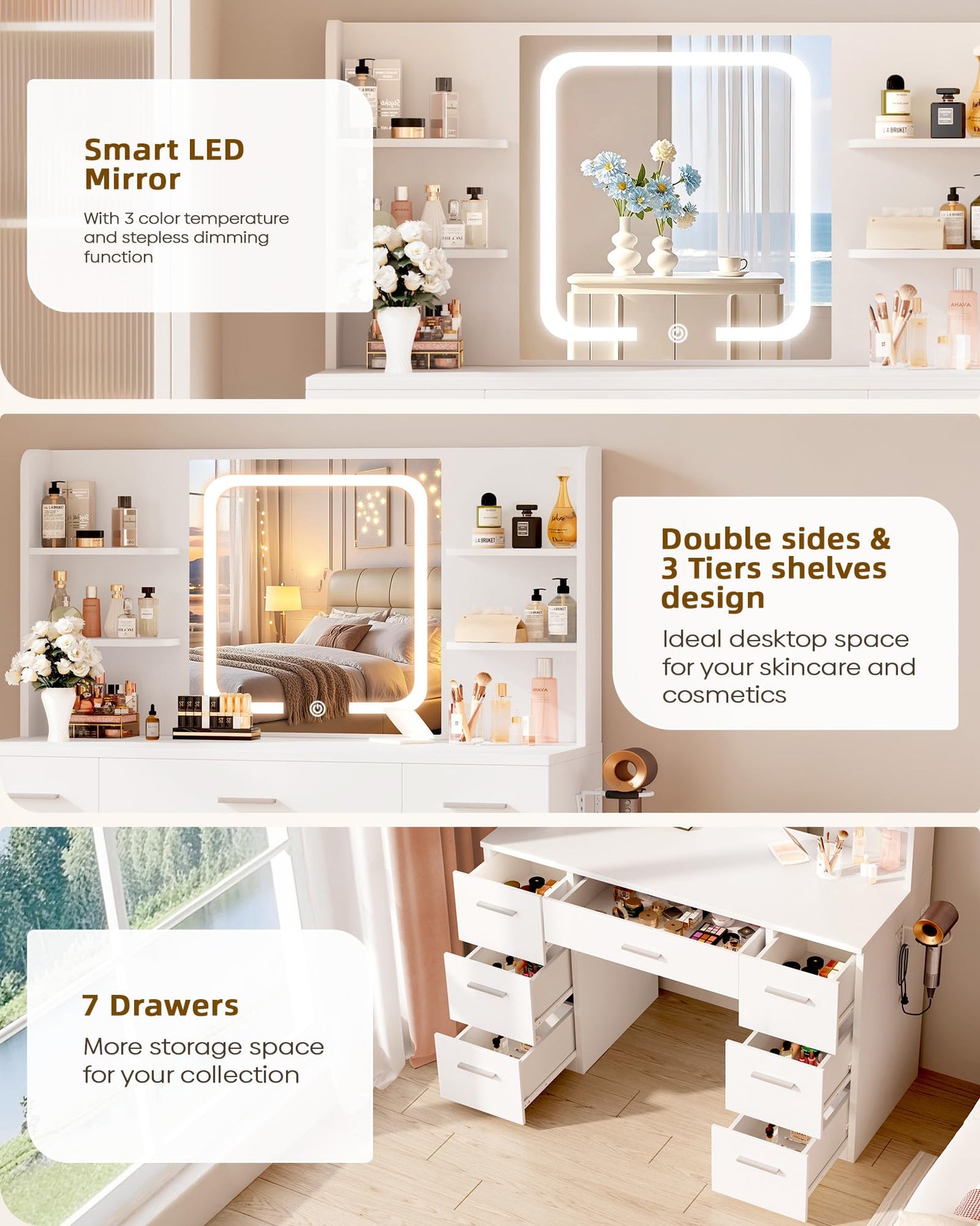 LIVELYGLOW White Large Makeup Vanity Desk with Smart LED Mirror & Power Station, 43" Professional Dressing Table with 7 Drawers, 4 Open Shelves & Hairdryer Holder for Bedroom