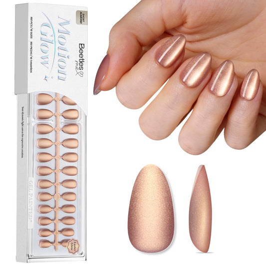 Beetles Cat Eye Press on Nails, Motion Glow Short Almond Nail Tips Set, Full Cover Fake Nail Tips Soft Nail Gel Extensions for Nail Art, 160PCS 16 Sizes, Salon Quality Look DIY Manicure Luster Glow