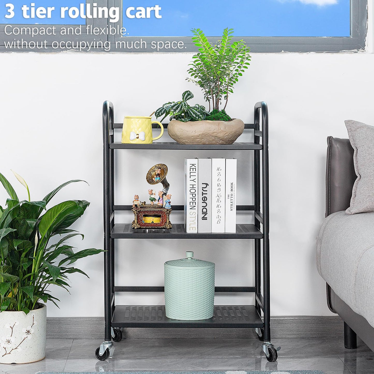 HDANI 3 Tier Rolling Cart,Heavy Duty Multifunctional Metal Frame-Supports 22 Lbs Per Tier,Mesh Rolling Cart with 2 Lockable Wheels for Office,Home,Bedroom,Kitchen,Bathroom,Black