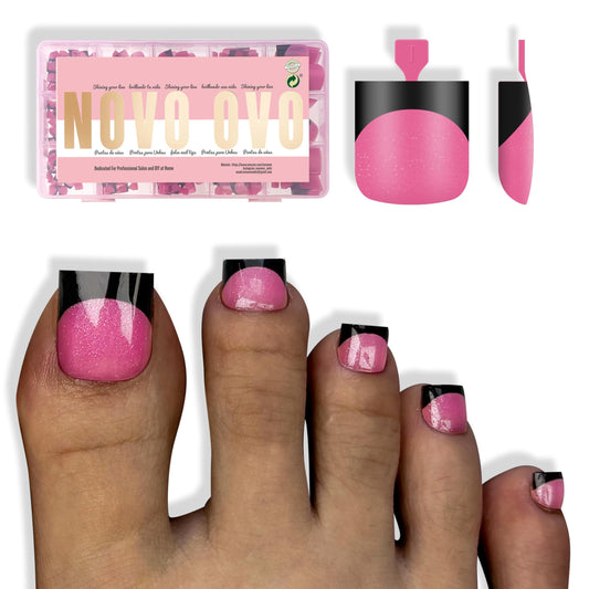 NOVO OVO Halloween Black French Tip Toe Nail Tips Press on, ROSE PINK Sharp Square Pre-Designed Soft Gel False Toenail Extension, Medium Wide Fake Toenails, Full Cover Acrylic for DIY 15 Sizes 240 pcs