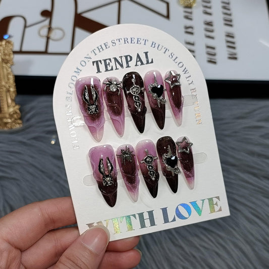 TENPAL 10Pcs Handmade Press On Nails Long Stiletto,Gothic Pink & Black Swirl Fake Nails with 3D Cross Spider Star Charms,Glossy Y2K Punk Glam Halloween Nails,Edgy Kawaii Nails for Parties Cosplay(S)