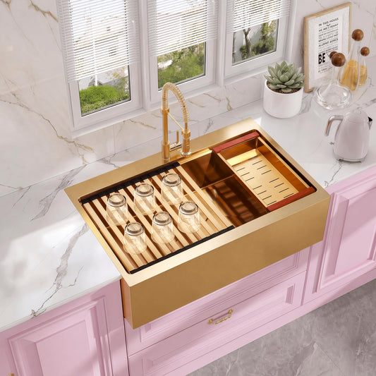 Rhbamoa 33 Inch Gold Farmhouse Sink,16 Gauge T304 Gold Single Bowl Apron Front Kitchen Farm Sink,10 Inch Depth Topmount Farmhouse Kitchen Sinks with All Golden Accessories
