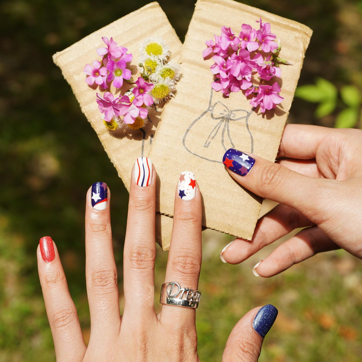 DANNI & TONI Semi Cured Gel Nail Strips Independence Day (USA Pride) Patriotic Gel Nail Polish Stickers 4th of July Nail Wraps 28 Stickers