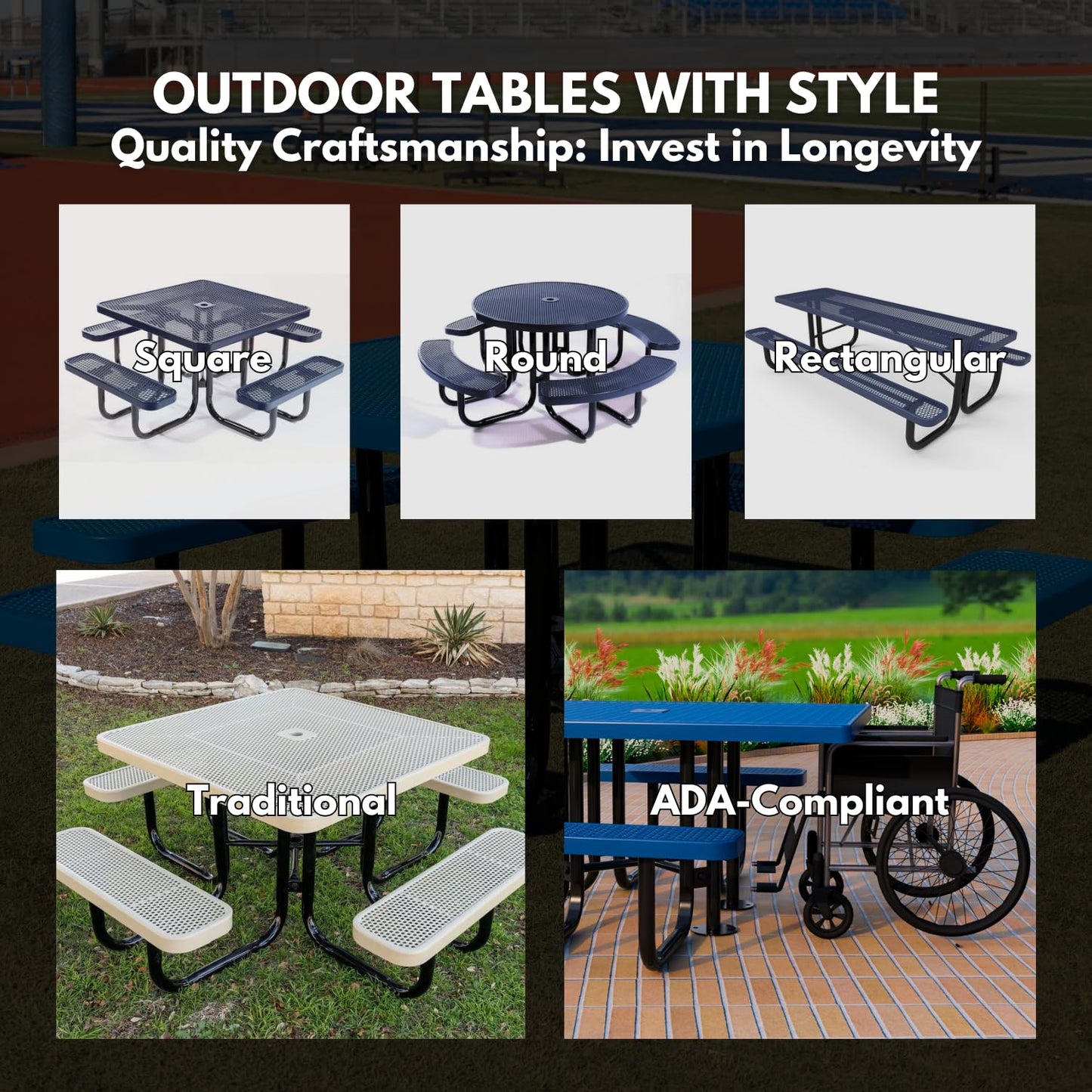 Coated Outdoor Furniture Heavy-Duty Portable Outdoor Picnic Table with Umbrella Hole, Expanded Metal Commercial-Grade Patio Dining Furniture Made in America (46" Round Top, Textured Green)