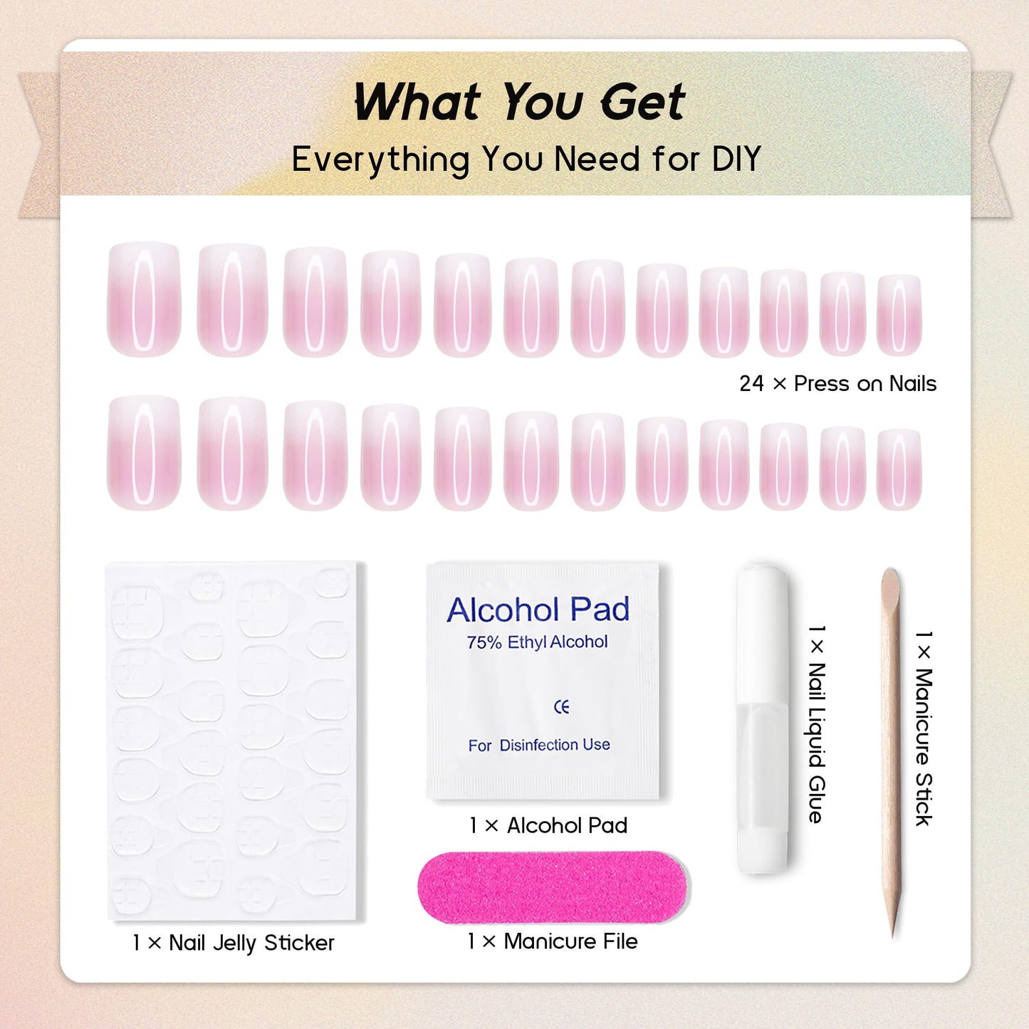 Qsnidy Press on Nails Square - French Ombre Pink Fake Nails Medium Acrylic Glossy Full Cover Stick On Nails for Women and Girls Daily Wear, Natural Fit Glue on Nails in 12 Sizes - 24 Nails Kit