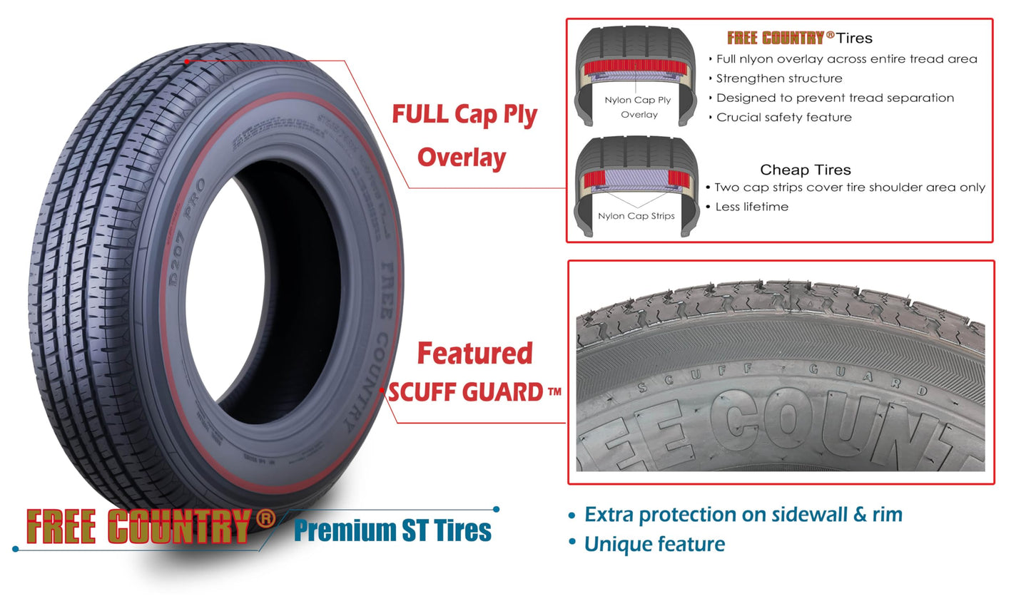 FREE COUNTRY Set 2 Premium Trailer Tires ST205/75R15 205 75 15 8-Ply Load Range D Radial w/Scuff Guard