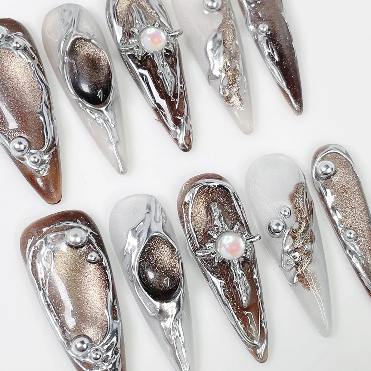 Handmade Long Press on Nails - Brown Cat's Eye Full Cover Fake Nails Glossy Almond False Nails with Embossed Swirl Design Acrylic Nails P ress ons Luxury Stick on Nail for Women 10Pcs(Size M)