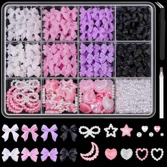 600 Pcs 3D Nail Charms and Flatback Pearls Set 7, 4 Colors Nail Bows Charm + Pink&White Star Heart Moon Cute Nail Jewels + 2-4mm White Nail Pearls for Nail Art DIY Decoration with Pickup Tools