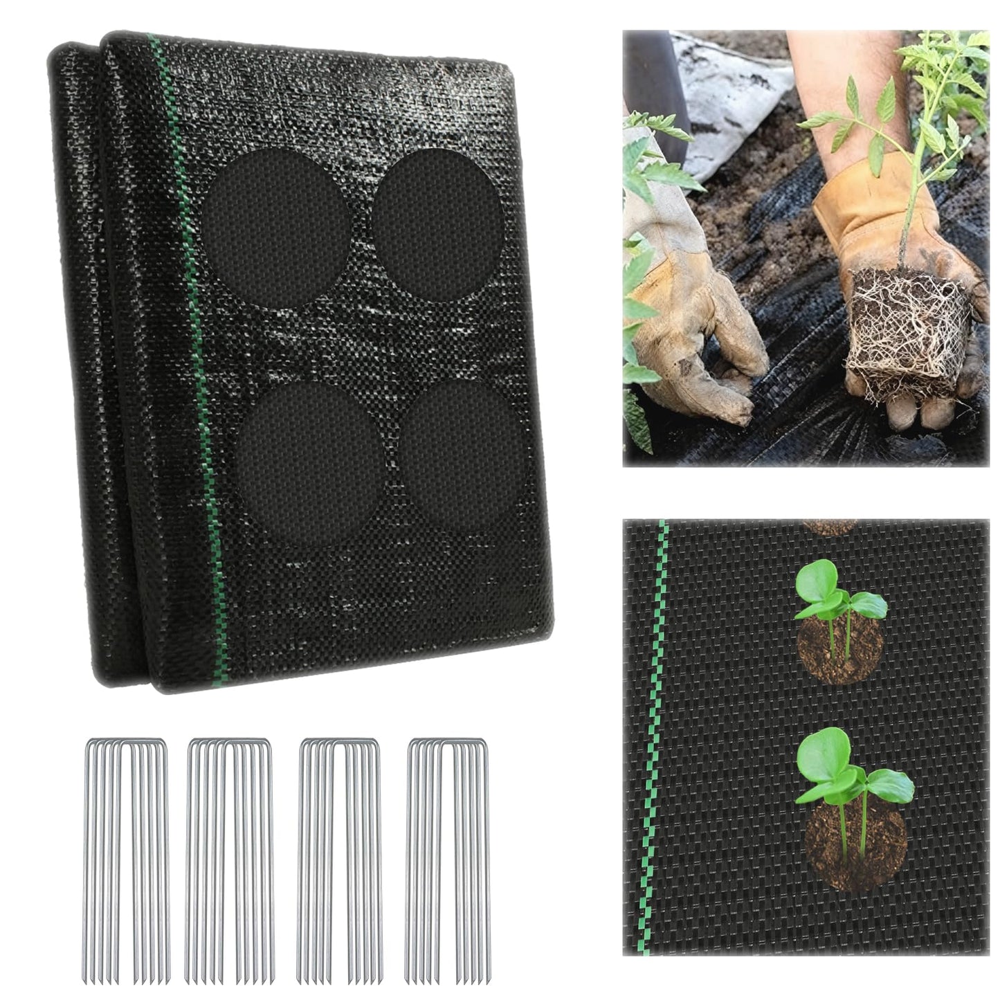 Garden Weed Barrier Landscape Fabric with 132 Planting Holes – 4ft x 33ft Woven Geotextile Fabric,Driveway Fabric,Durable Weed Control Mat with 20 Securing Pegs for Flower Beds, Vegetable Gardens