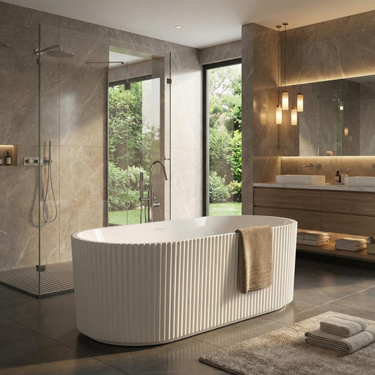 GarveeTech 59" Freestanding Acrylic Bathtub - Luxury Soaking Tub with Overflow Drain, CUPC Certified, Pleated Design, Glossy White, Easy Installation for Modern Bathroom