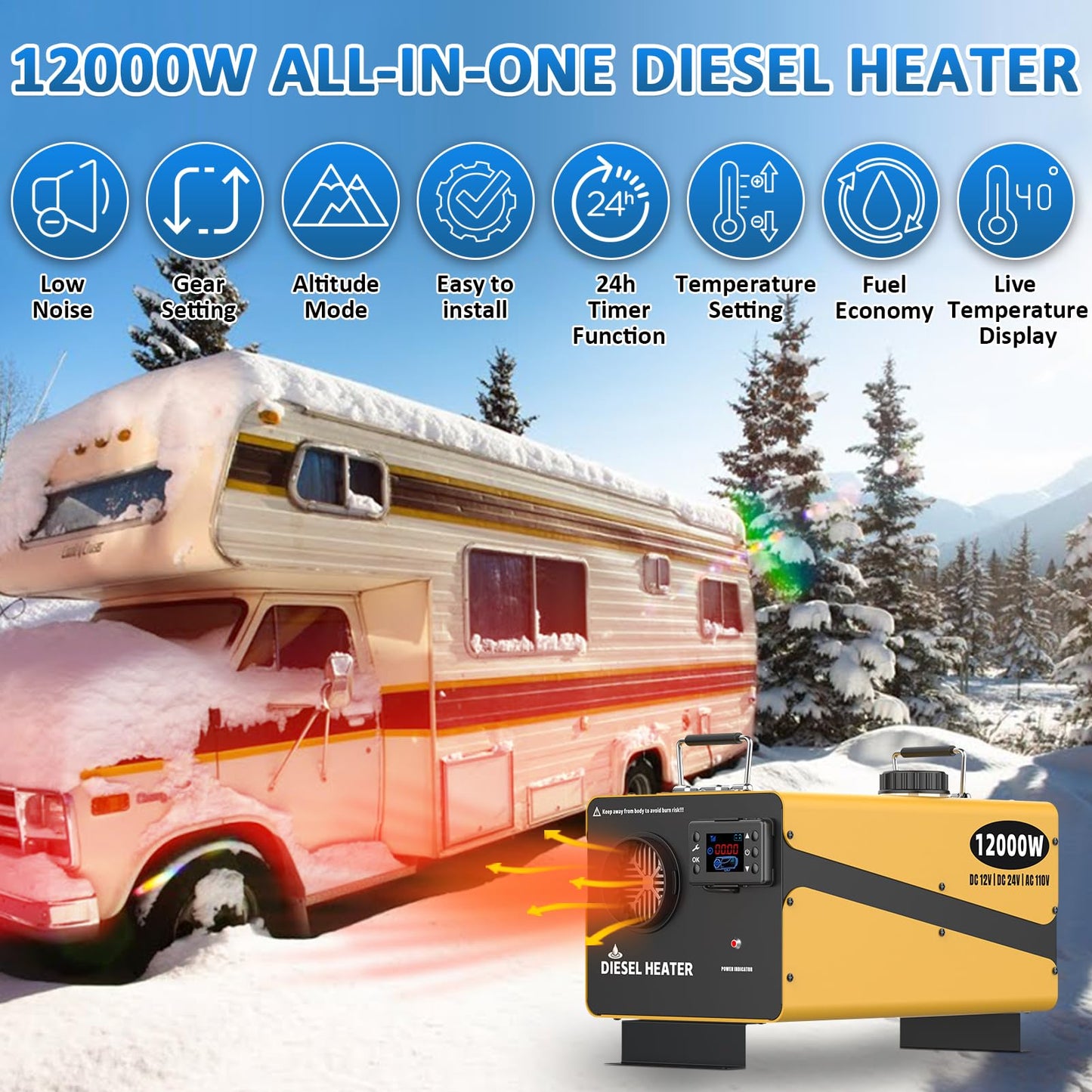 110V/12/24V 12000W Diesel Heater, All-in-One Air Diesel Parking Heater with Stylish Design, Come with Remote Control and LCD Screen, Timer Function for Home Shop Garage(NO Ticking)