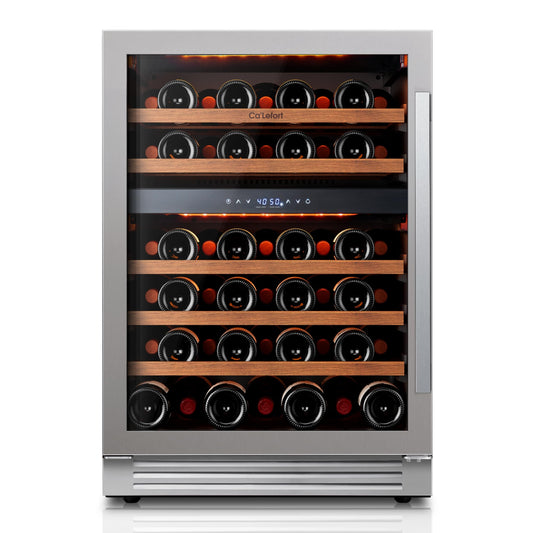 Ca'Lefort 24 Inch Wine Fridge Refrigerator - 52 Bottles Dual Zone Cooler with Glass Door, Built-in Compressor Fridge with 3 LED for Home Office Bar Left-Hinged Door (5.65 cu.ft)