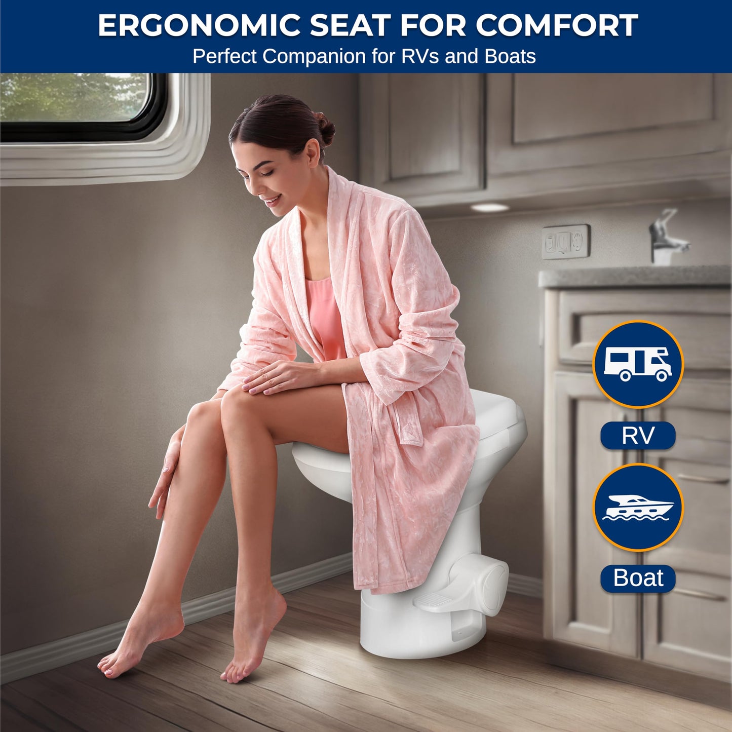 SereneLife Camper/RV Toilet – Easy Flush with Foot Pedal, Hand Sprayer, Soft-Close Seat, Leak-Proof Bowl, Odor-Free, Includes Accessories, Quick Install for RVs, Trailers, Boats & Marine Use