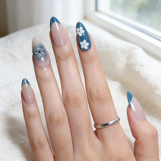 Goolich Glitter Navy Blue French Tip Press On Nails Medium Almond, Bead with 3D Floral Nails Press ons Set with Adhesive Tabs, 24 Pcs 12 Size Reusable Full Cover Glue on Nails for Women