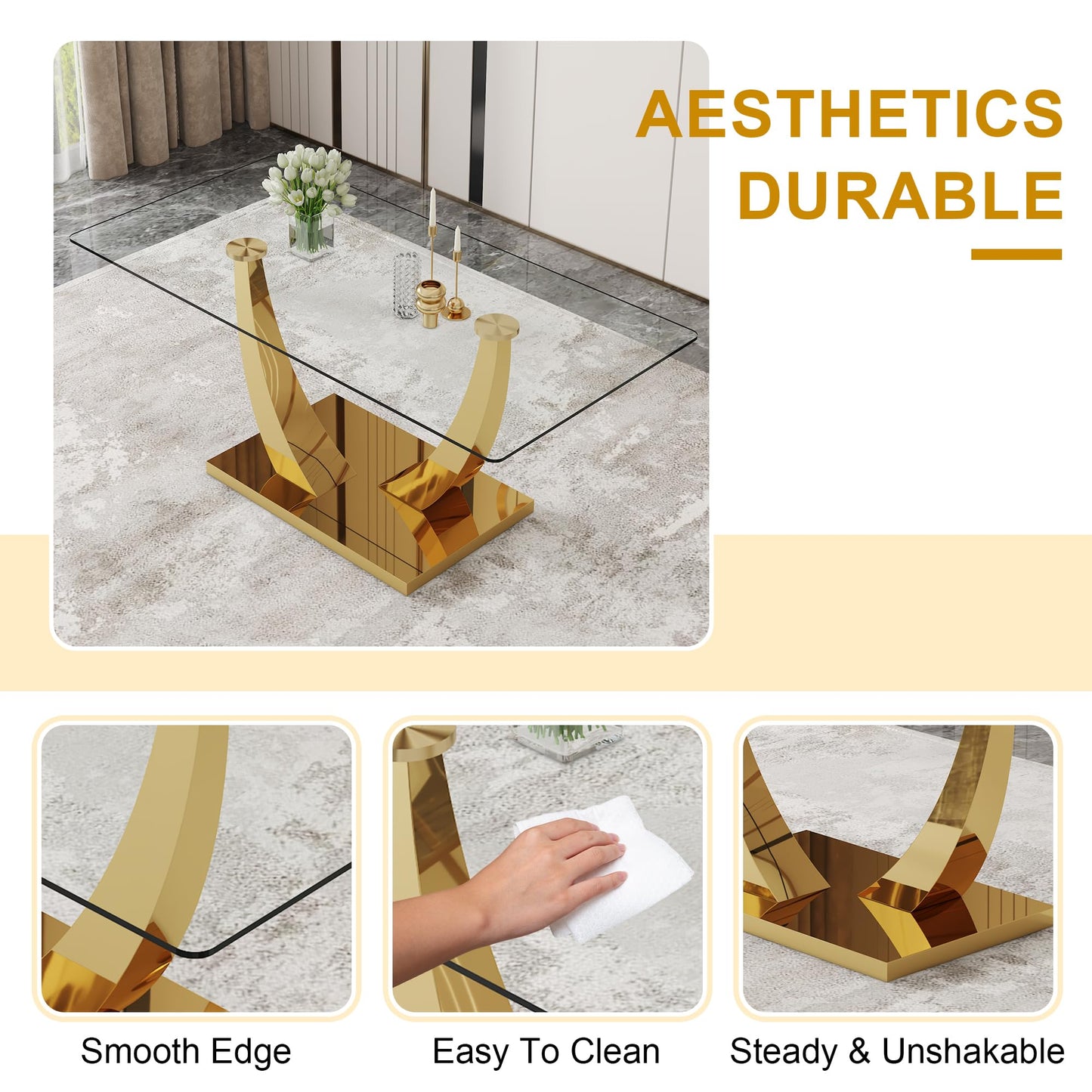 JEARGE Glass Dining Table Set for 6, Modern Kitchen Table Set for 6, 71" Tempered Glass Tabletop with U-Shaped Gold Base, 7 Ppiece Large Dining Room Table Set with White PU Leather Chairs