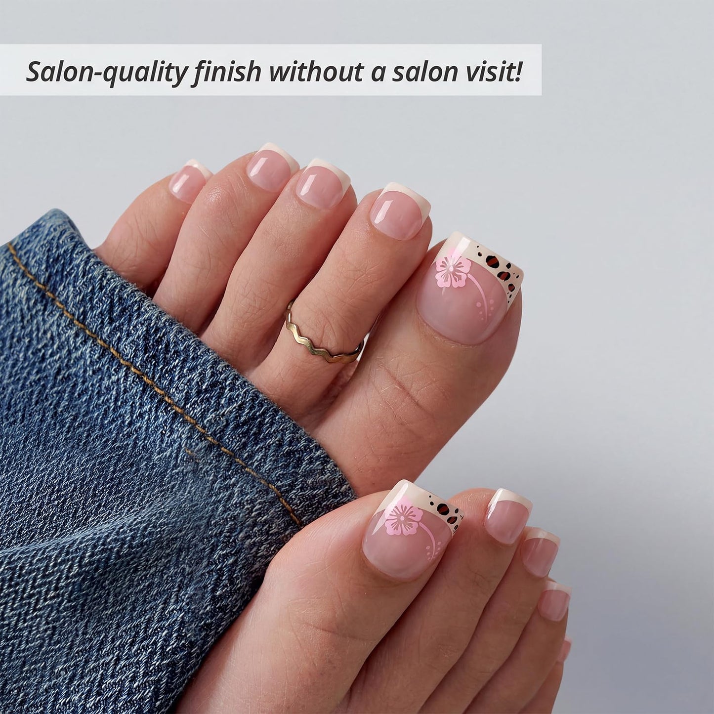 BTArtbox Press On Toenails Short - Wild Bloomery, Lamp-Curable 4-Week Wear Pink French Tip Square Toe Nail Press Ons with Glue and Adhesive Tabs, Easy-to-Apply in 15 Sizes - 30 Toenails All-in-One Kit