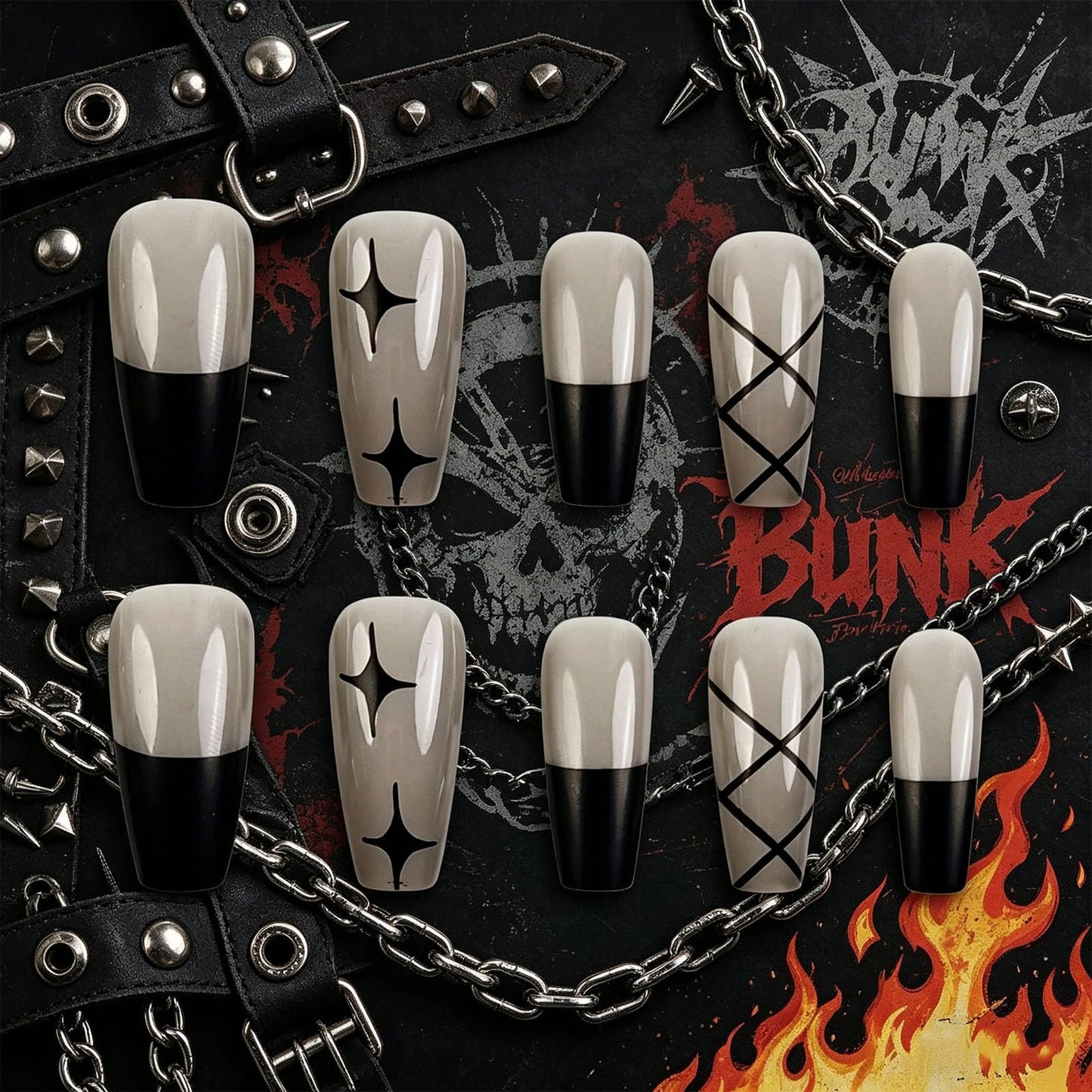 Grunge Star Press on Nails Glossy Gray Fake Nails Black French Tips False Nail Medium Coffin Lattice Pattern Stick on Artificial Fingernails for Daily Wear