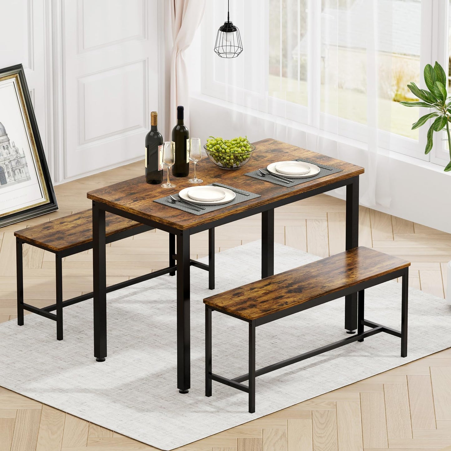 Rovibek 43" Dining Room Table Chairs Set for 4, Modern Space Saving Kitchen Table with 2 Benches & Adjustable Feet Breakfast Table, Wooden Industrial Style Farmhouse, Brown